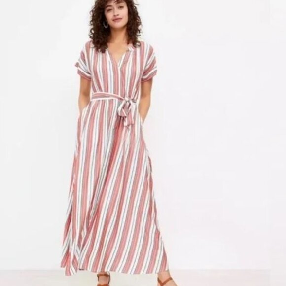 LOFT Dresses & Skirts - NWT LOFT Striped White Red Button-Down with Pockets Maxi Dress Size 0